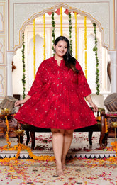 Plus Size Printed Women Red Tunic Dress-130032